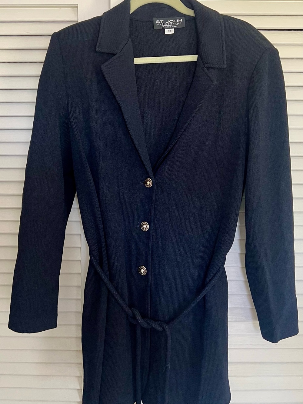 St. John Black Knit Longline Belted Blazer Jacket